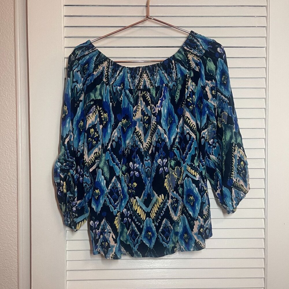 Stitch Fix Blue Abstract Off Shoulder Smocked Blouse